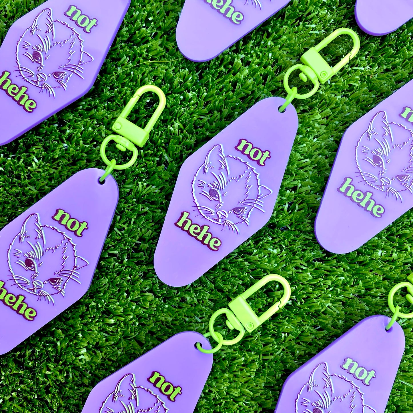 Hehe Cat Meme Keychain | Purple & Green Y2k Webcore Motel Keyring