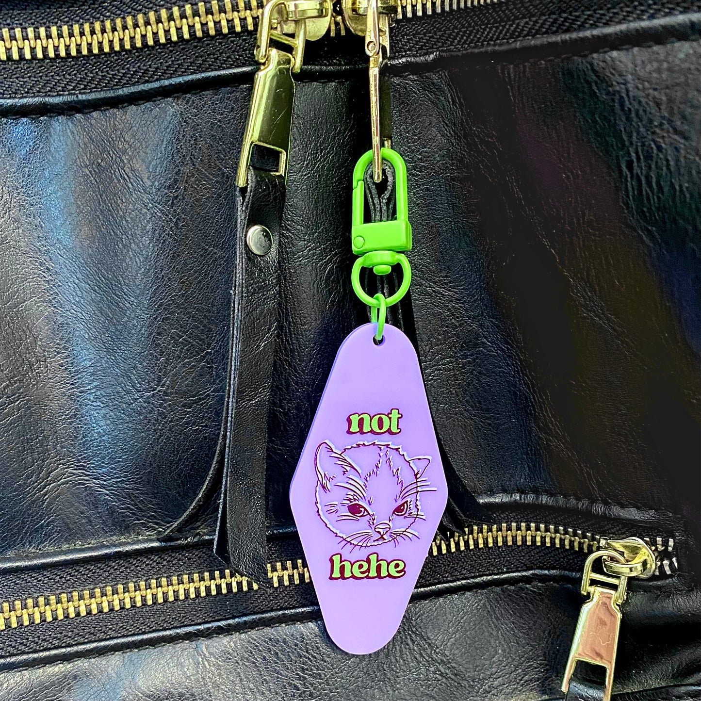 Hehe Cat Meme Keychain | Purple & Green Y2k Webcore Motel Keyring