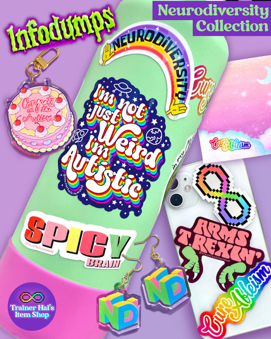 Gifts for Autistic adults, shown on a purple background, include stickers, pins, and keychains.