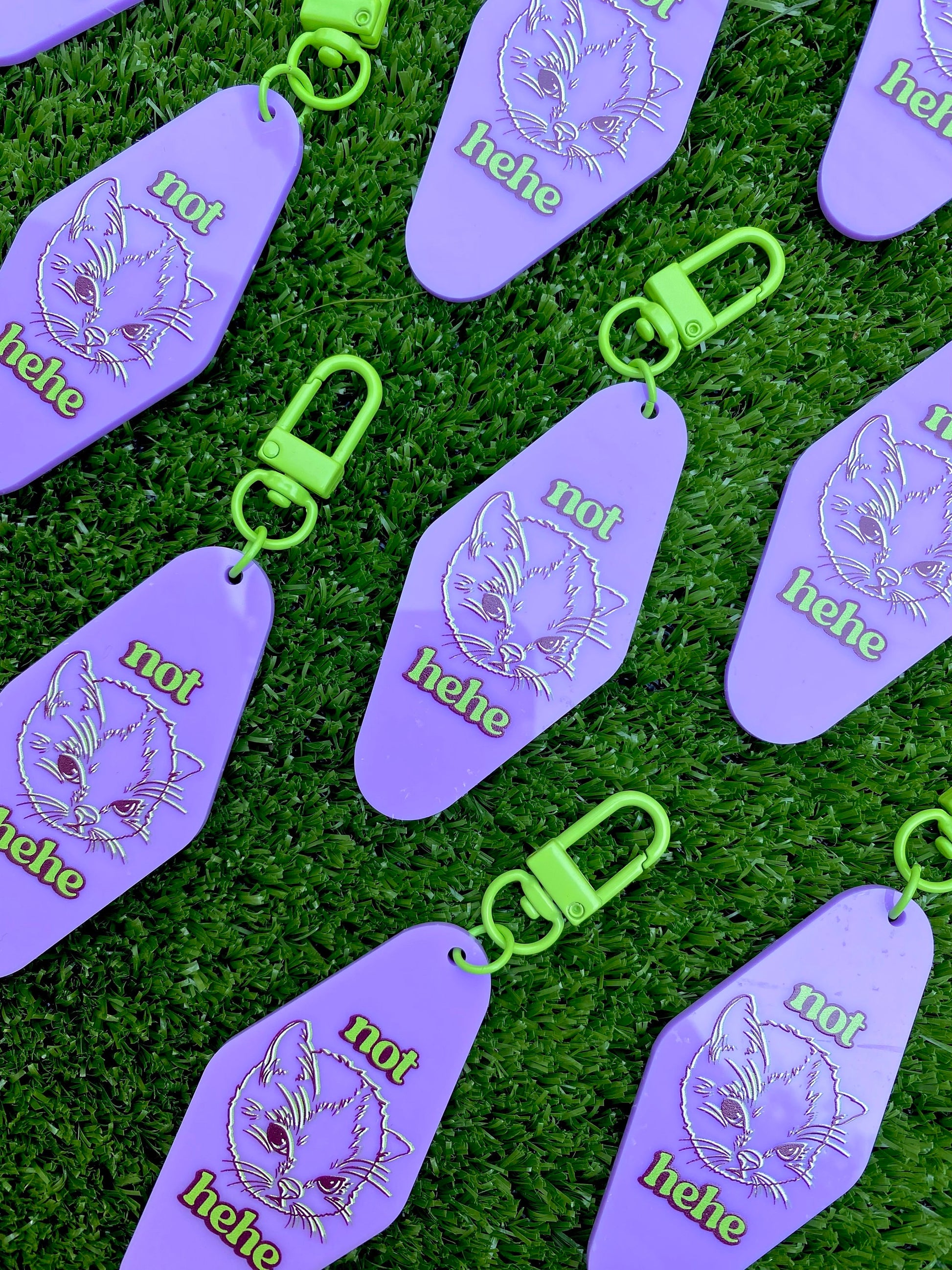 Hehe Cat Meme Keychain | Purple & Green Y2k Webcore Motel Keyring